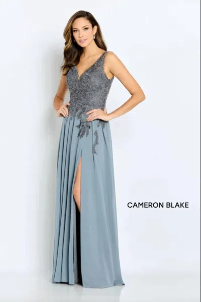 Mon Cheri Beaded Lace And Chiffon Gown In Gray In Blue