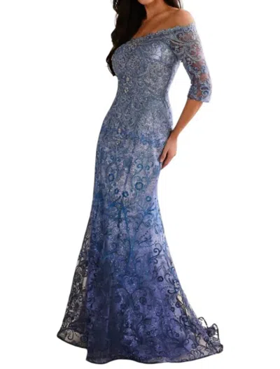 Mon Cheri Ivonne D Off-the-shoulder Three Quarters Sleeve Gown In Navy/periwinkle In Blue