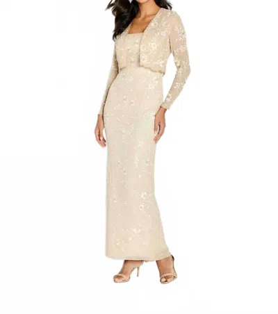 Mon Cheri Lace Beaded Evening Dress In Champagne In Beige