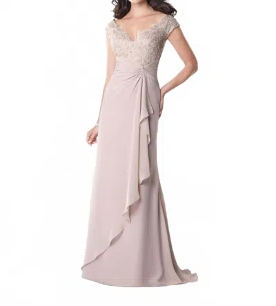 Mon Cheri Lace Cap Sleeve Ruched Empire Gown In Oyster In Beige