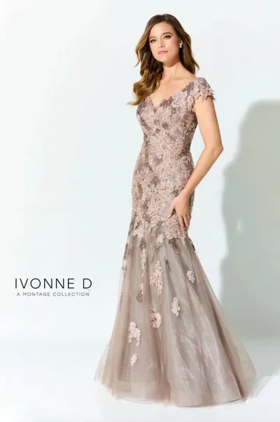 Mon Cheri Lace Embroidered Dress In Mocha/stone In Multi