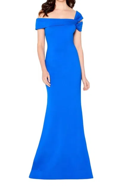 Mon Cheri Off-the-shoulder Heavy Jersey Gown In Sapphire In Blue