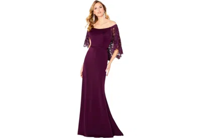Mon Cheri Off-the-shoulder Fit And Flare Gown In Eggplant In Burgundy