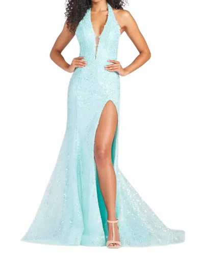 Mon Cheri Sequin Halter Gown In Turquoise In Blue