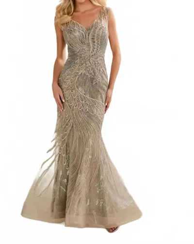 Mon Cheri Sleeveless Embroidered Gown In Mink In Gray