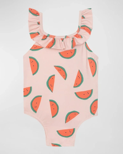 Mon Coeur Kids' Girl's Watermelon Ruffle One-piece Swimsuit In Pink