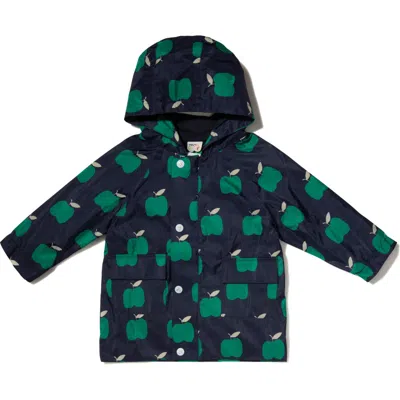 Mon Coeur Kids' Apple Print Water Repellent Hooded Rain Jacket In Navy/ Print