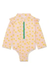 Mon Coeur Kids' Dot Rashguard Swimsuit In Sepia/ Cyber Yellow