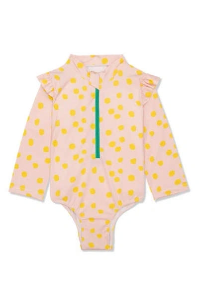 Mon Coeur Kids' Dot Rashguard Swimsuit In Sepia/ Cyber Yellow