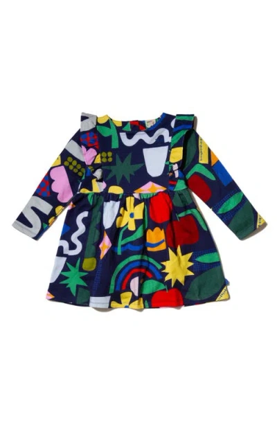 Mon Coeur Kids' Shapes Print Long Sleeve Ruffle Dress In Navy/multi