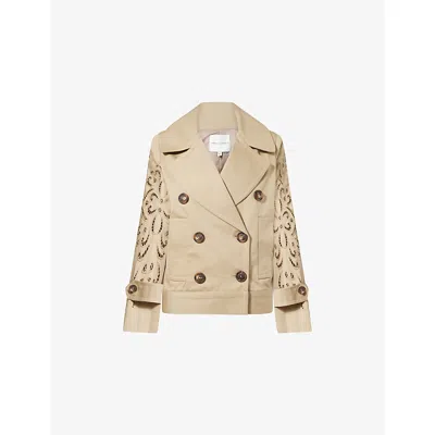 Mona Alshebil Womens Embroidered Double-breasted Cotton Trench Coat Beige
