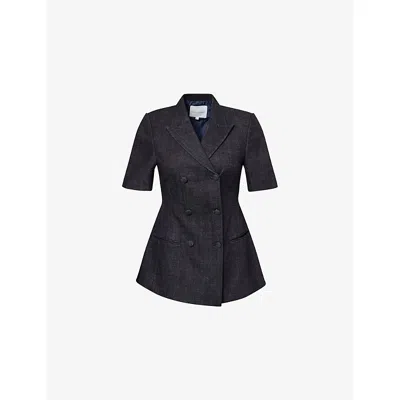 Mona Alshebil Womens Dark Blue Double-breasted Peak-lapel Denim Jacket
