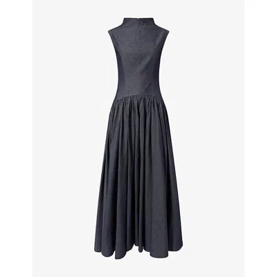 Mona Alshebil Womens Drop-waist Sleeveless Denim Maxi Dress Dark Blue