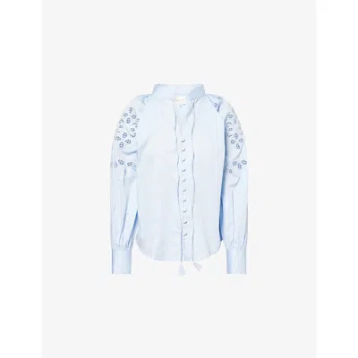 Mona Alshebil Womens Light Blue Embroidered Puff-sleeve Cotton Shirt