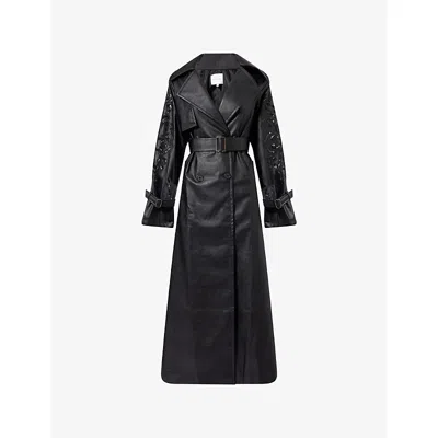 Mona Alshebil Womens Embroidered Belted Faux-leather Trench Coat Black Xs