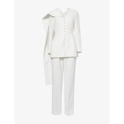 Mona Alshebil Womens Off White Draped-scarf Cinched-waist Woven Suit