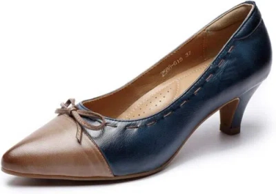 Pre-owned Mona Flying Leather Mid Kitten Pumps Elegant Women Slip On Classic... In Coffee-navy Blue