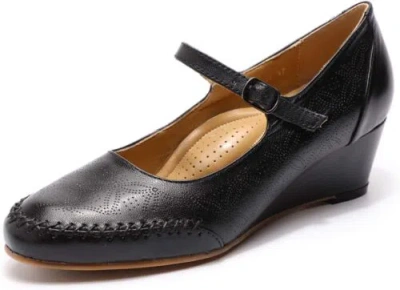 Pre-owned Mona Flying Women's Leather Closed Toe Mary Jane Wedge Pumps Round Mid... In Black