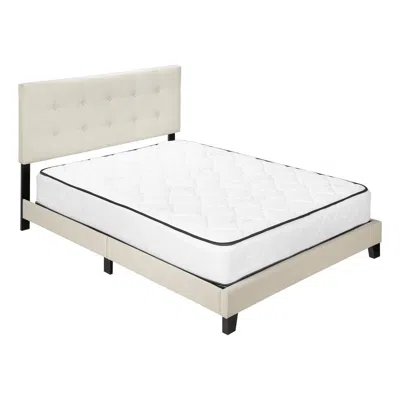 Monarch Bed, Queen Size, Bedroom, Upholstered, Beige Linen Look, Black Wood Legs
