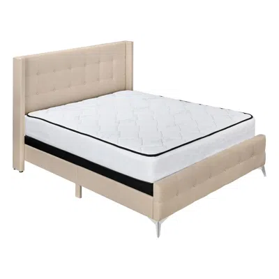 Monarch Bed, Queen Size, Bedroom, Upholstered, Beige Linen Look, Chrome Metal Legs In Brown