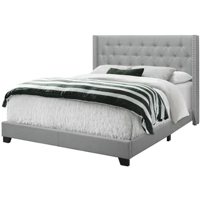 Monarch Bed, Queen Size, Bedroom, Upholstered, Grey Linen Look, Chrome Trim In Gray