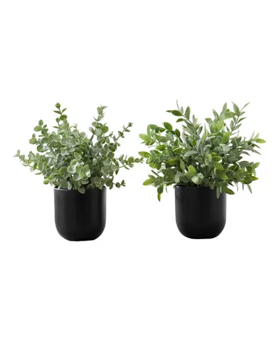 Monarch Specialties 11" Indoor Artificial Eucalyptus Grass Plants With Decorative Black Pots, Set Of 2 In Green