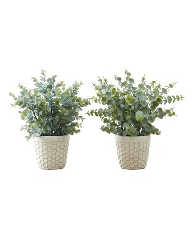 Monarch Specialties 13" Indoor Artificial Eucalyptus Grass Plants With Decorative White Pots, Set Of 2 In Green