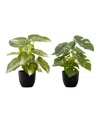 Monarch Specialties 13" Indoor Artificial Monstera Calthea Plants With Decorative Black Pots, Set Of 2 In Green
