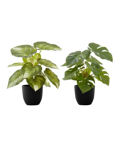Monarch Specialties 13" Indoor Artificial Monstera Calthea Plants With Decorative Black Pots, Set Of 2 In Green