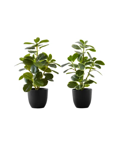 Monarch Specialties 14" Indoor Artificial Ficus Plants With Decorative Black Pots, Set Of 2 In Green