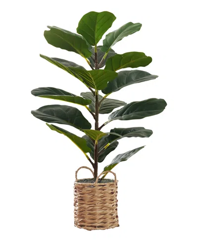 Monarch Specialties 28" Indoor Artificial Floor Fiddle Tree With Decorative Beige Woven Basket In Green