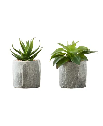 Monarch Specialties 6" Indoor Artificial Succulent Plants With Decorative Grey Cement Pots, Set Of 2 In Green