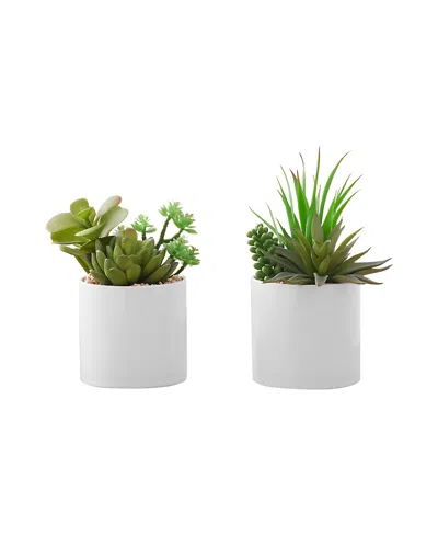 Monarch Specialties 7" Indoor Artificial Succulent Plants With Decorative White Ceramic Pots, Set Of 2 In Green
