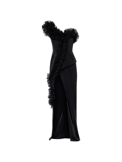 Monarh Asymmetrical Ruffled Gown In Black