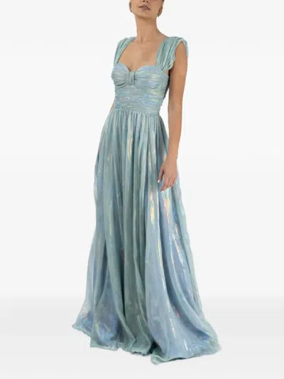 Monarh Coated-silk Pleated Gown In Blue