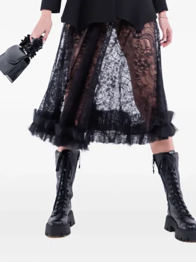 Monarh Lace Ruffled Midi Skirt In Black