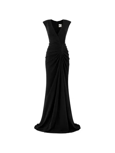Monarh Plunging Ruched Gown In Black