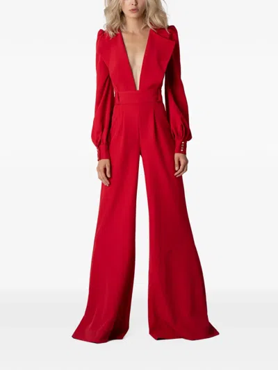 Monarh Plunging-neck Wide-leg Jumpsuit In Red