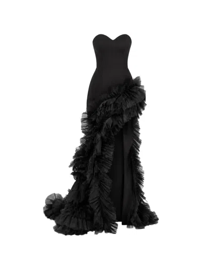 Monarh Ruffled Asymmetrical Maxi Dress In Black