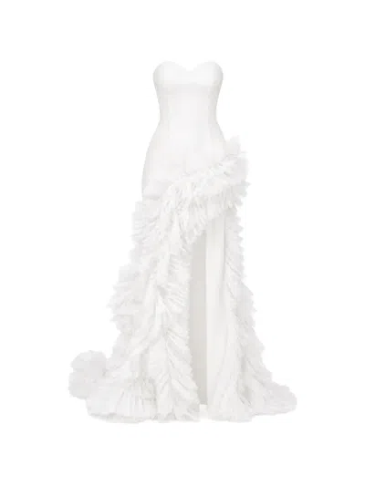 Monarh Ruffled Asymmetrical Maxi Dress In White