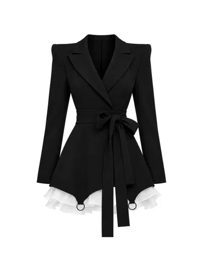 Monarh Ruffled Belted Blazer Mini Dress In Black