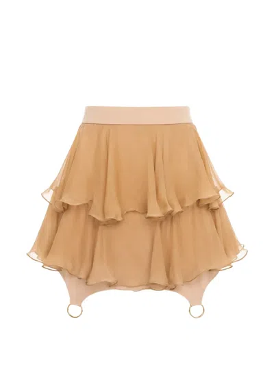 Monarh Ruffled Metal-ring Mini Skirt In Brown