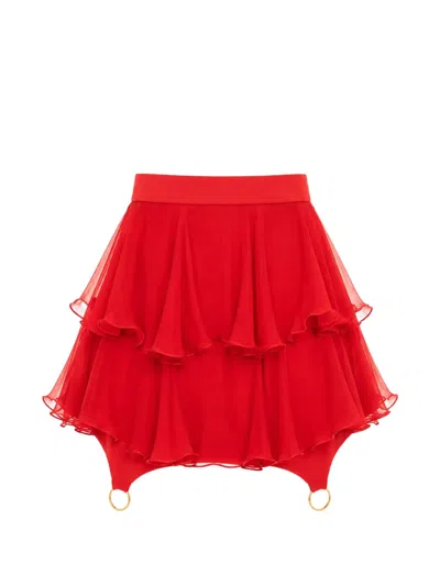 Monarh Ruffled Metal-ring Mini Skirt In Red