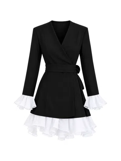 Monarh Ruffled-trim Belted Blazer Mini Dress In Black