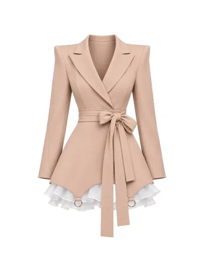 Monarh Ruffle-trim Belted Blazer Dress In Brown