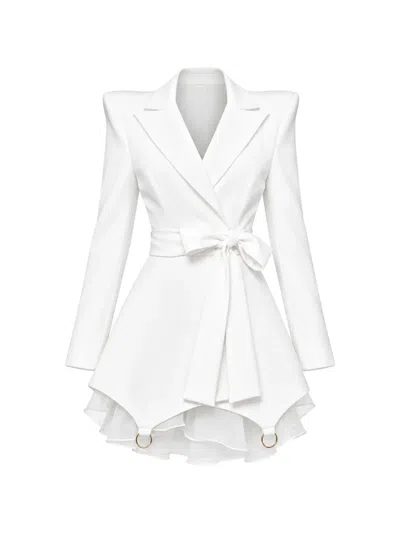 Monarh Ruffle-trim Belted Blazer Mini Dress In White