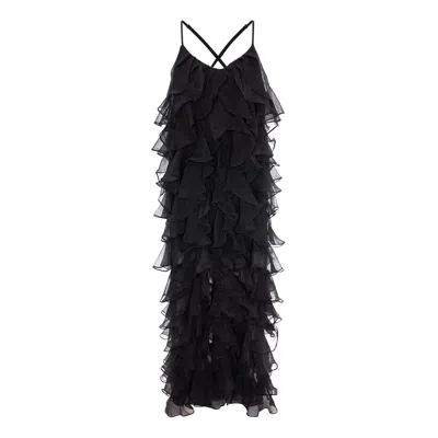 Monarh Women's Black / Blue / Green Lucky Black Silk Maxi Dress With Ruffles And Open Back In Black/blue/green