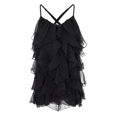 Monarh Women's Black Lucky Silk Dress With Ruffles And Spaghetti Straps