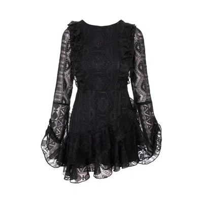 Monarh Women's Black Pixie Asymmetric Silk Bell Sleeve Dress