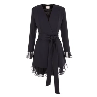 Monarh Women's Black Silk Ruffle Blazer Dress With Belt